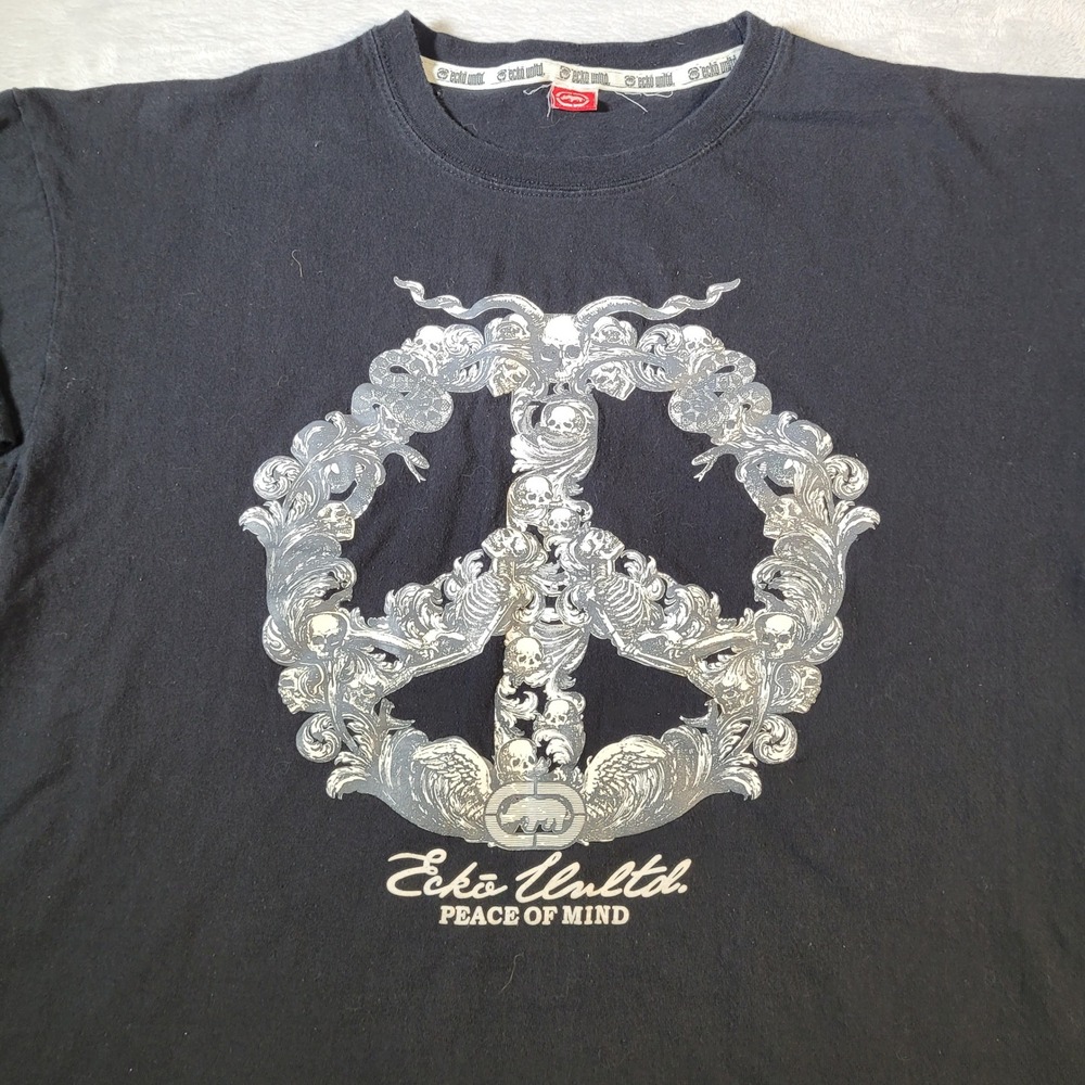 Ecko Unltd T-Shirt Mens XL Black Peace of Mind Skull Graphic Short Sleeve Tee